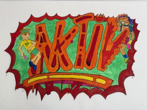 Mehr über den Artikel erfahren Juhu, es ist fertig! – im Aktivitätsraum schmückt ein farbenfrohes Graffiti die Wand 