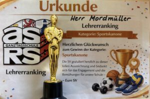 Mehr über den Artikel erfahren Herr Mordmüller gewinnt das SV-Lehrerranking als bester Sportlehrer der ASRS
